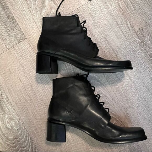 Vintage 90s Y2K Black Leather Square Toe Lace Up Ankle Boots 8.5 Whimsigoth - Picture 14 of 15